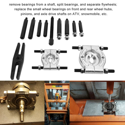 Kick Ass 5 Ton Bearing Puller Set 12pcs Bar Type Separator And Splitter Kit For Removing Bearings On ATV And Snowmobile Engines Pulling Flywheels Smoothly While Doing Pro Repair Work That Makes Any Job Look Totally Sick All Day Long. 12pc steel bearing puller set with separators, splitters, and bolts