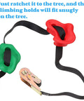 18 Piece Tree Climbing Holds Set With Six Ten Foot Ratchet Straps for Outdoor Play, red and green holds with black strap