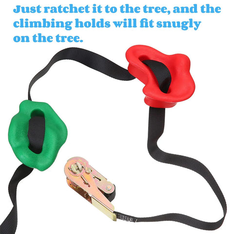 18 Piece Tree Climbing Holds Set With Six Ten Foot Ratchet Straps for Outdoor Play, red and green holds with black strap