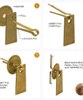 Installation steps for Art Deco Leaf Brass Cabinet Pulls 2.7 Inch Set Of 2 showing assembly with pins and washers on furniture.