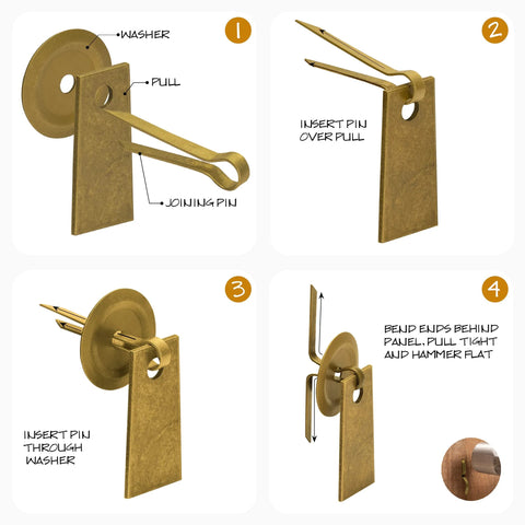 Installation steps for Art Deco Leaf Brass Cabinet Pulls 2.7 Inch Set Of 2 showing assembly with pins and washers on furniture.