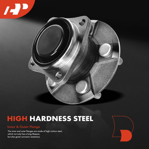Close-up of durable, high carbon steel rear wheel bearing and hub assembly with flange, for Toyota Corolla and others, non-ABS, 5-lug.