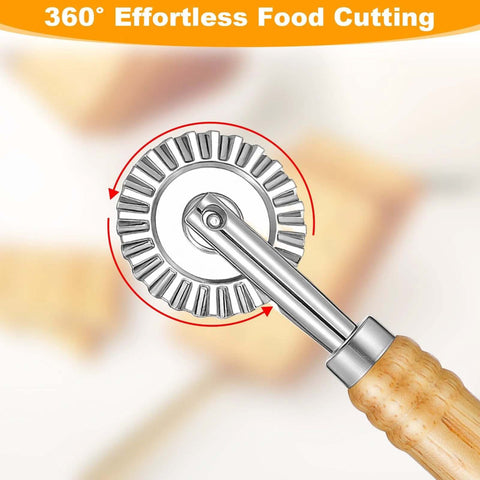 Long-handle pastry and pasta cutter wheel with crimped stainless steel wheel and wooden handle