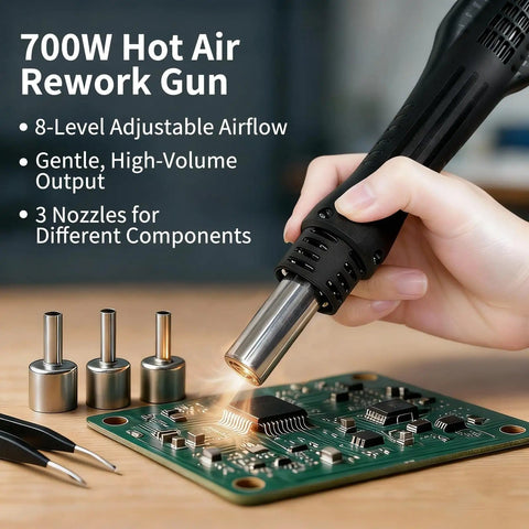 Person using Dope Pro Grade 700W Hot Air Rework Station With Digital Temperature Control on PCB with nozzles and tweezers nearby.