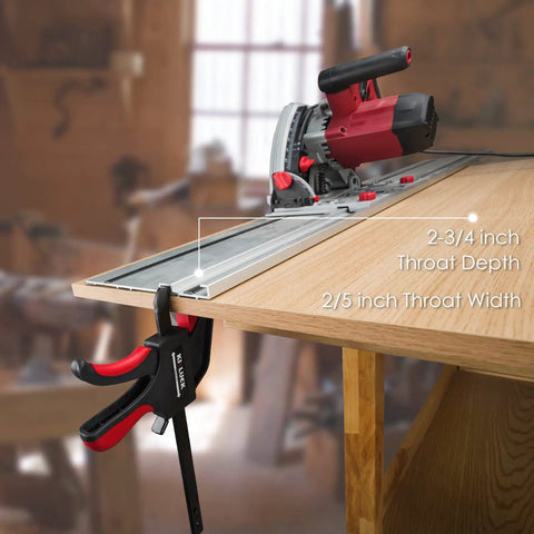 Universal Track Saw Clamp Set with Quick Release for Circular Saw Guide Rails 6 Inch Clamp Thickness Pro Grade on wooden table.