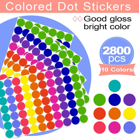 Color Coding Dot Stickers Set 2800 Pack of Round Polka Dot Labels in 10 Bright Colors for Office and Classroom Organization.