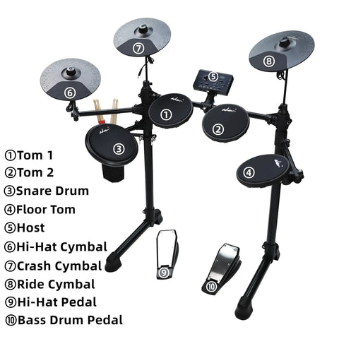 Beginner Electric Drum Set With Quiet Mesh Pads And 180 Plus Sounds, showing 4x 6 Inch Mesh Pads, 3x 10 Inch Cymbals and pedals