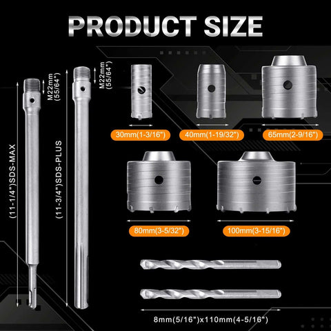 DEHUIWI 9‑pc masonry hole saw kit with SDS‑Max shank; includes 30–100 mm hole saws and diamond core bits