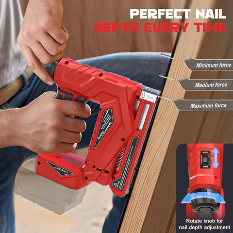 Badass Cordless Brad Nailer and T-50 Staple Gun 2-In-1 Powerhouse Featherlight 3Lb Tool Compatible with Milwaukee 18V Battery 2000 Pieces Included for Upholstery Leather Wood Home Diy Snag-Free Zero Hassle featuring depth adjustment knob and nail guide