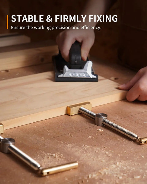 Three Quarter Inch Bench Dog Clamp Set For Woodworking Adjustable Workbench Stop Low Profile Clamp Kit For Fast Holddowns And Custom Bench Tops Ideal For Home Workshops And Professional Shops, brass jaws on workbench