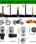 Four Pack Colorful LED Tire Valve Lights For Cars And Bikes, Waterproof Wheel Valve Cap Lamps with USB cable and compatibility chart