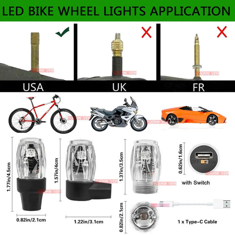 Four Pack Colorful LED Tire Valve Lights For Cars And Bikes, Waterproof Wheel Valve Cap Lamps with USB cable and compatibility chart