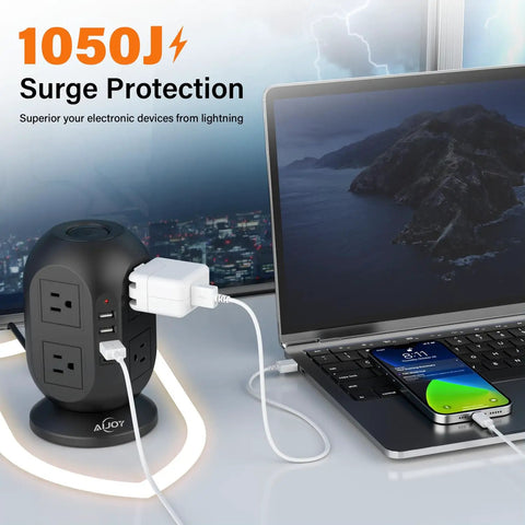 Flat Plug 12 In 1 Power Strip Tower With 8 AC Outlets 4 USB Ports 10 Ft Extension Cord Surge Protected beside laptop and phone