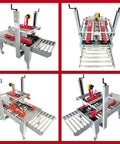 Fast As Heck Automatic Tape Sealer For Boxes Continuous Carton Packing Machine showing four angles of durable, metal tape sealing equipment.