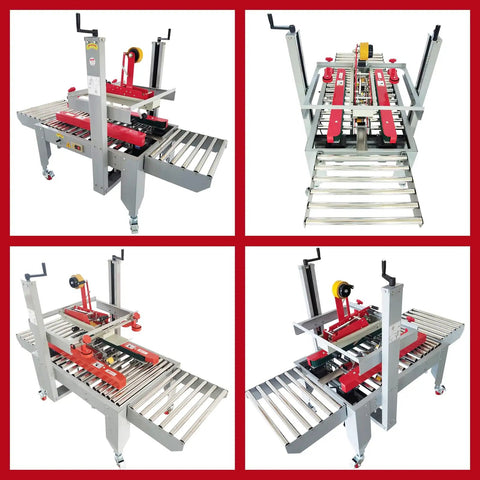 Fast As Heck Automatic Tape Sealer For Boxes Continuous Carton Packing Machine showing four angles of durable, metal tape sealing equipment.