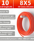 Orange Polyurethane Pneumatic Hose 10M For Air Compressor With Blue Pipe Cutter 8mm OD By 5mm ID Durable PU Tubing Gas Transmission