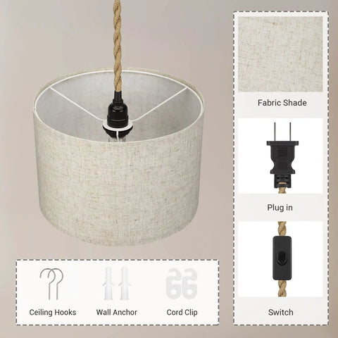 Two Pack Plug In Pendant Light Dope Boho Hanging Lamp With 15 Foot Hemp Rope Cord And Natural Linen Shade Swag Light details.
