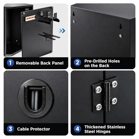 Tough as Nails EV Charger Enclosure Outdoor Pedestal showing removable back panel and pre-drilled holes for mounting.