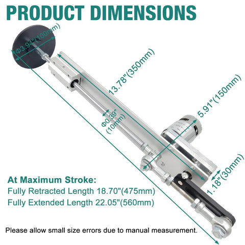 Diagram showing dimensions of 24V Adjustable Reciprocating Linear Actuator with Telescoping Stroke from 1.18 to 6 Inches.