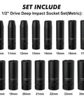 Half Inch Drive Deep Impact Socket Set Cr-V Steel Metric 10Mm To 24Mm arranged in a row