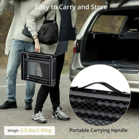 Foldable Grill Table For Camping And BBQ, Heavy Duty 180 Lb Capacity, person carrying folded black table near car