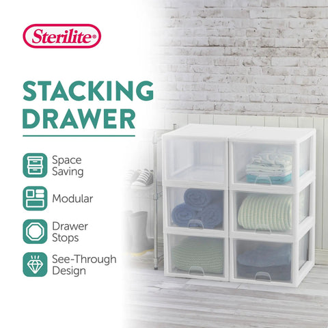 Eight Pack 27 Quart Stacking Drawers For Closet Storage With Clear Front And Sides And White Frame Modular Plastic Organizer