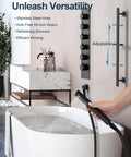 27 Point 5 Inch Ceiling Mount Shower System With Thermostatic Control And 64 Color Led Lighting Featuring Waterfall Rainfall Rotating Jets And Handheld Sprayer In Matte Black with adjustable spray in modern bathroom design.