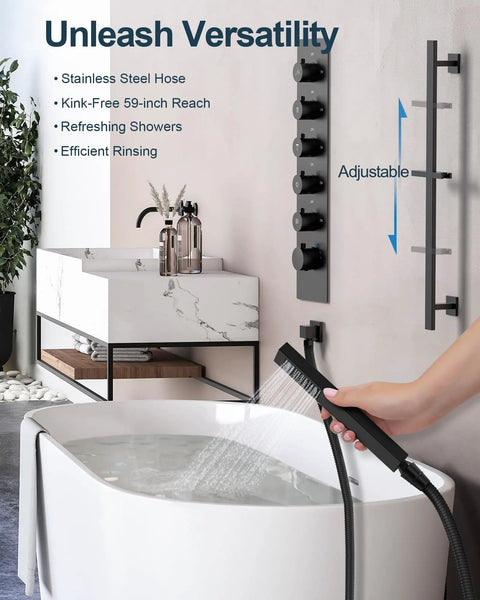 27 Point 5 Inch Ceiling Mount Shower System With Thermostatic Control And 64 Color Led Lighting Featuring Waterfall Rainfall Rotating Jets And Handheld Sprayer In Matte Black with adjustable spray in modern bathroom design.