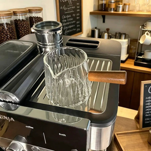 180Ml Glass Espresso Shot Cups For Ninja Espresso Machines With Clear Graduation Scale, Lightweight Borosilicate Glass shown on espresso machine.