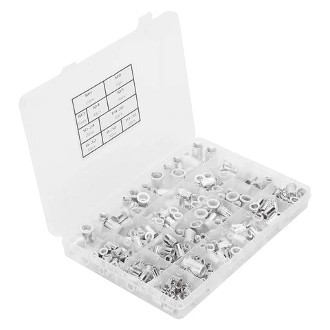 Open box with Aluminum Rivet Nut Assortment Kit, 300 Pieces, Threaded Inserts for Metal Plates and Tubes, SAE and Metric Sizes.