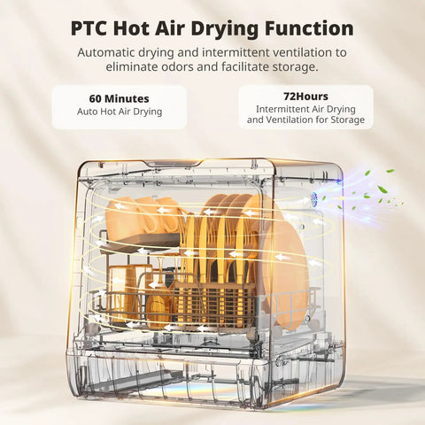 Compact Countertop Dishwasher With Built In Water Tank And Softener showcasing PTC hot air drying function and clean dishes.