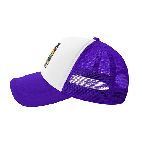 Side view of I Hate Pulling Out Funny Camper RV Camping Trailer Mesh Trucker Hat For Guys And Gals Lightweight Baseball Cap Purple Sun Shield