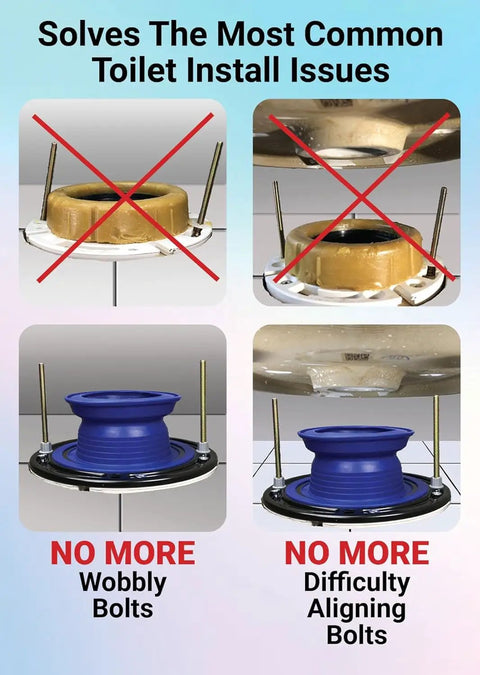 Adjustable Toilet Flange Repair Kit For Broken Or Low Bowls Features Self Adjusting Wax Free Seal And Built In Extender to simplify toilet installation.