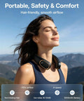 Woman wearing Neck Fan Portable Personal Cooling Device With 5000mAh Rechargeable Battery, Hands Free Wearable Bladeless Design