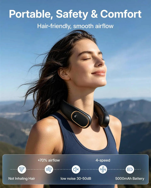 Woman wearing Neck Fan Portable Personal Cooling Device With 5000mAh Rechargeable Battery, Hands Free Wearable Bladeless Design