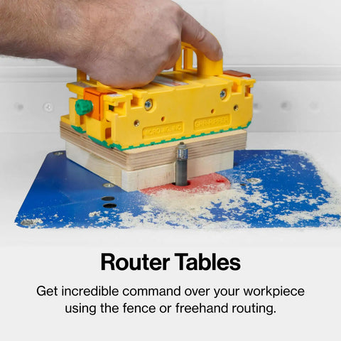 Grr Ripper Pro And Gravity Heel Kit Ultimate 3D Pushblock For Table Saw Kickback Shield on router table with wood piece.