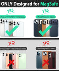 Compatibility chart showing MagSafe technology for iPhone 12-17 series with approved magnetic cases, excluding others.