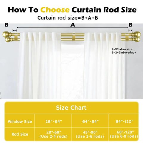 Diagram showing how to choose curtain rod size using Telescoping Double Curtain Rod Set From 30 To 60 Inches With Gold Finish.