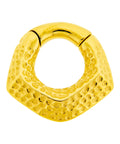 Gold-toned V-shaped hinged clicker ring with hammered texture for stretched piercings, showing detailed finish.