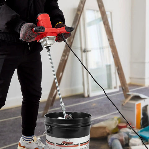 Person using Beefy 2300W Portable Electric Cement Mixer With 6 Adjustable Speeds Handheld Paint Mixer for DIY projects.