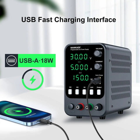 Pro Grade DC Bench Power Supply With Encoder Knob And Memory Recall, OCP Alarm, Adjustable 0 To 30 Volts And 0 To 5 Amps, USB Quick Charge 5V 3.6A showing fast charging interface.