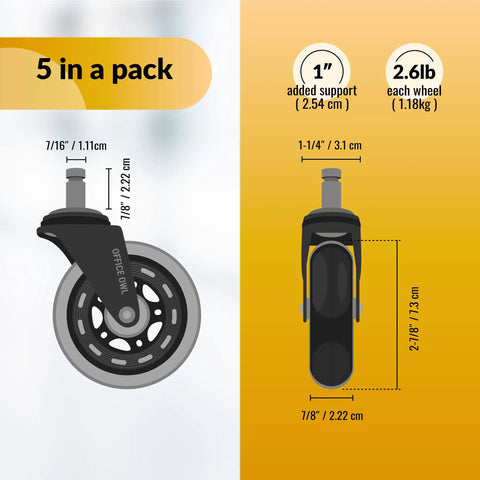 Diagram showing dimensions of Smooth Rolling Office And Gaming Chair Wheels Set Of 5 Replacement Casters Universal Fit