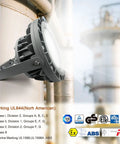100W LED Explosion Proof Floodlight 13500LM Heavy Duty Dimmable mounted on industrial pipe for hazardous location lighting