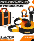 Heavy Duty Nylon Recovery Kit For Off Road With Three Inch By Thirty Foot Snatch Strap And Hitch Receiver 35000 Lbs Break Strength displayed with orange and black strap, shackles, and storage bag.