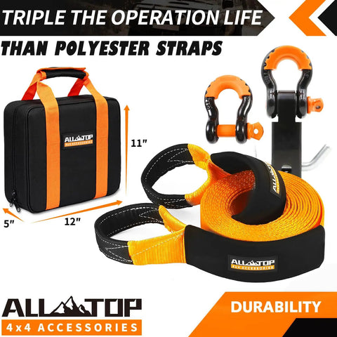 Heavy Duty Nylon Recovery Kit For Off Road With Three Inch By Thirty Foot Snatch Strap And Hitch Receiver 35000 Lbs Break Strength displayed with orange and black strap, shackles, and storage bag.