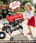 Child playing with Kids BBQ Grill Playset With Smoke Sound And Lights Two Layer Outdoor Grill Toy With Wheel Includes 35 Realistic Accessories For Toddlers Ages 3 To 5 Pretend Cooking Set Food Toys And Birthday Gift For Boys And Girls in backyard