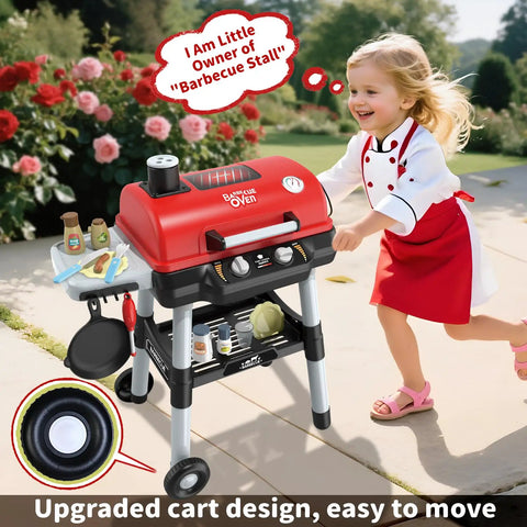 Child playing with Kids BBQ Grill Playset With Smoke Sound And Lights Two Layer Outdoor Grill Toy With Wheel Includes 35 Realistic Accessories For Toddlers Ages 3 To 5 Pretend Cooking Set Food Toys And Birthday Gift For Boys And Girls in backyard