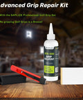 Golf Grip Regrip Kit With 5oz Solvent 15 Grip Tapes Hook Blade And Rubber Vise Clamp displayed on wooden surface