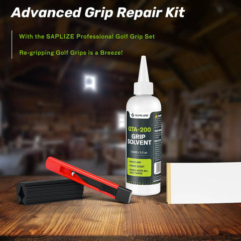 Golf Grip Regrip Kit With 5oz Solvent 15 Grip Tapes Hook Blade And Rubber Vise Clamp displayed on wooden surface