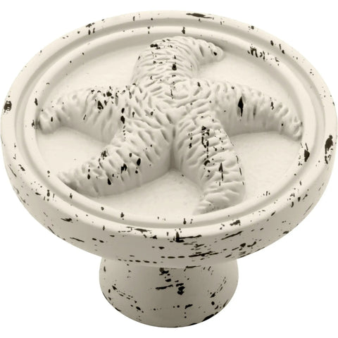 Seaside Cottage Starfish Cabinet Knob Set 1-3/8 Inch Vintage Antique White in coastal starfish design, 5 pack hardware